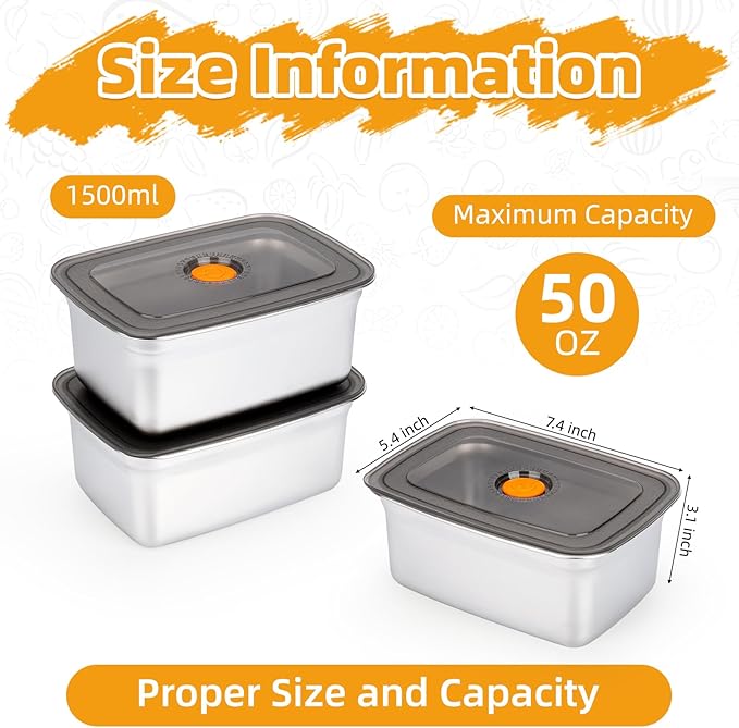 3 PCS Stainless Steel Food Storage Containers(50oz) with Lids Leak Proof & Airtight | Stainless steel freezer Containers,Airtight Bento Lunch Box,For Meal Prep,Fruit,Snack,Freezer