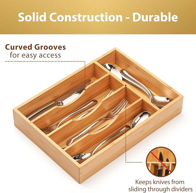 Umilife Bamboo Kitchen Drawer Organizer, 9 Inch Silverware Utensils Tray Holder for Small Drawer, Wood Caddy for Flatware Cutlery Knives