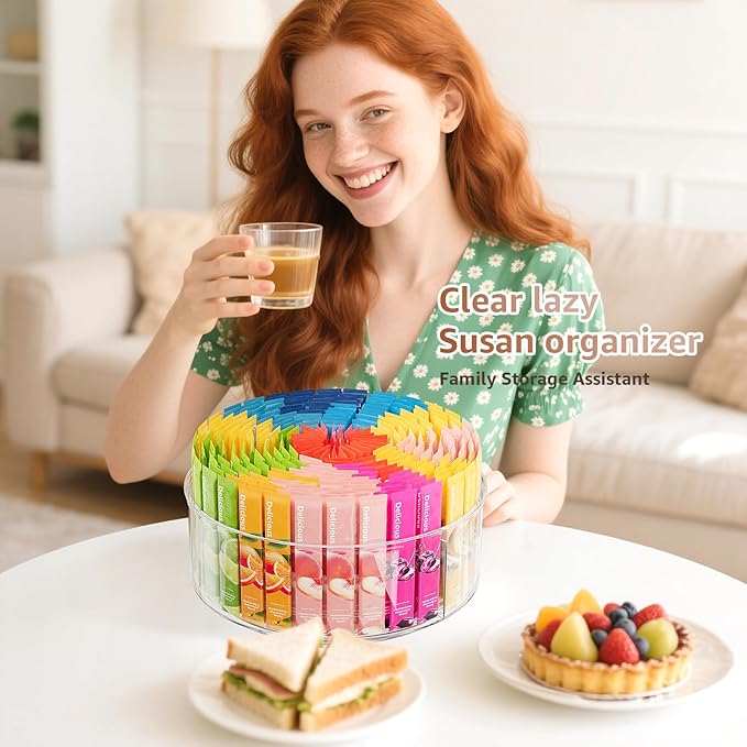 Rotating Drink Mix Organizer, Clear Lazy Susan Turntable for Powder Packet, Water Packet, Water Flavor Packet, Divided Drink Packet Organizer