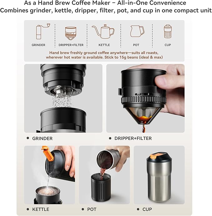 Portable Pour Over Coffee Maker, Rechargeable Electric Grinder with Stainless Steel Conical Burr, Integrated Hand Brew Kit with Stainless Steel Filter Dripper & Travel Mugs, for Camping, Outdoors