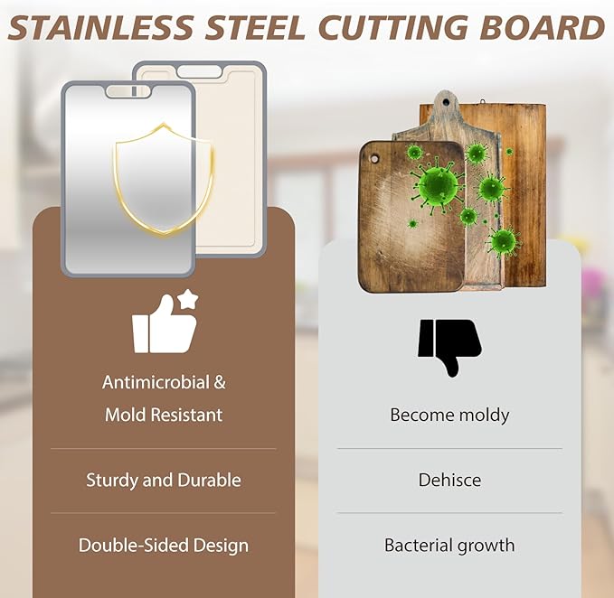 Cutting Boards for Kitchen, Stainless Steel and Wheat Straw Cutting Board, Kitchen Board for Meat and Vegetables, Non-Slip Eco Friendly Chop Board