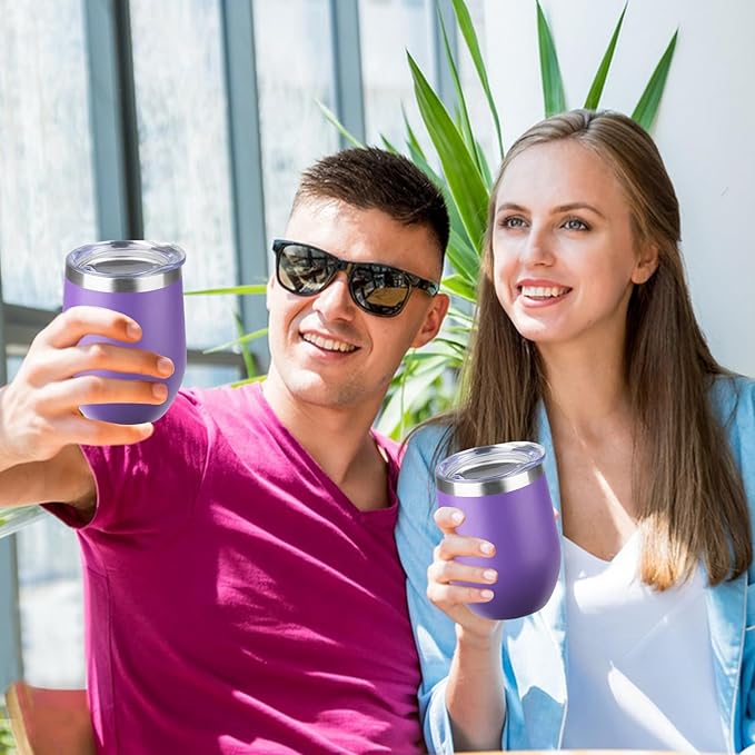 StarSpeed 12oz/8 Pack Wine Tumbler with lid, Stainless Steel Travel Mugs Stemless Double Wall Insulated Coffee Cup, Insulated Wine Glasses Travel Tumbler for Cold & Hot Drinks(Purple, 8)