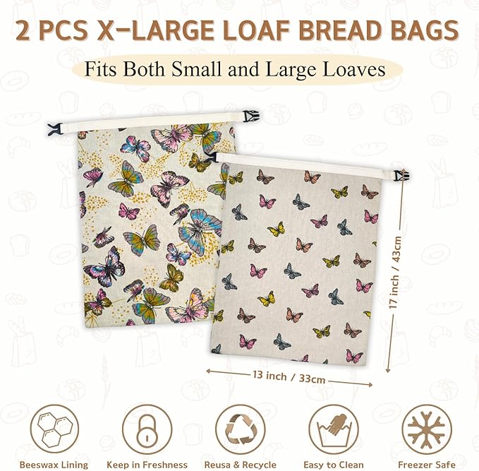 2 Pack Beeswax Bread Bags for Homemade Bread, Large 13x17'' Reusable Beeswax Sourdough Bread Storage Bag, Keep Loaves Fresh Longer, Freezer Safe & Airtight, Natural, Zero Waste