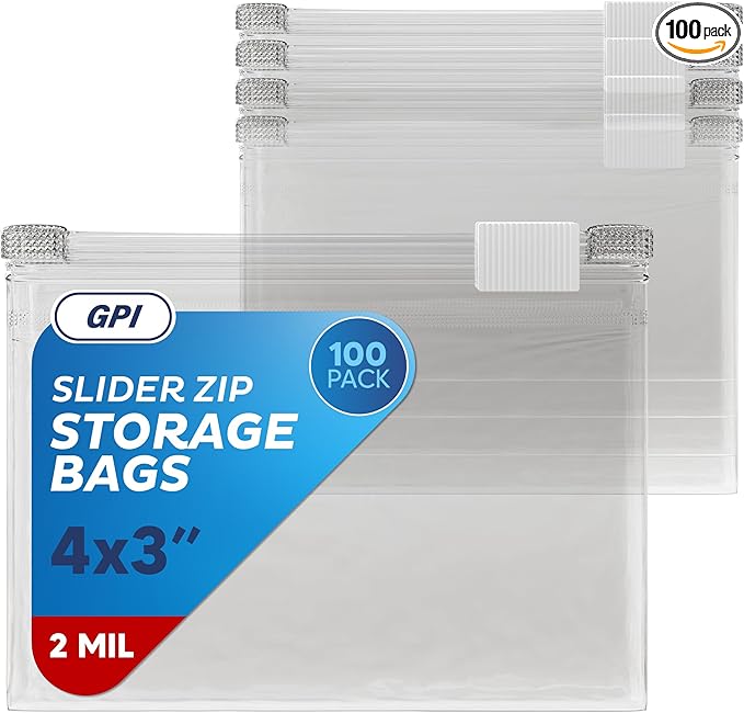 100 Count - Slider Zip Food Storage Snack Bags, 4" x 3" 2 Mil, Strong & Durable For Nuts, Candy, Snacks, Seeds, Jewelry & More. GPI