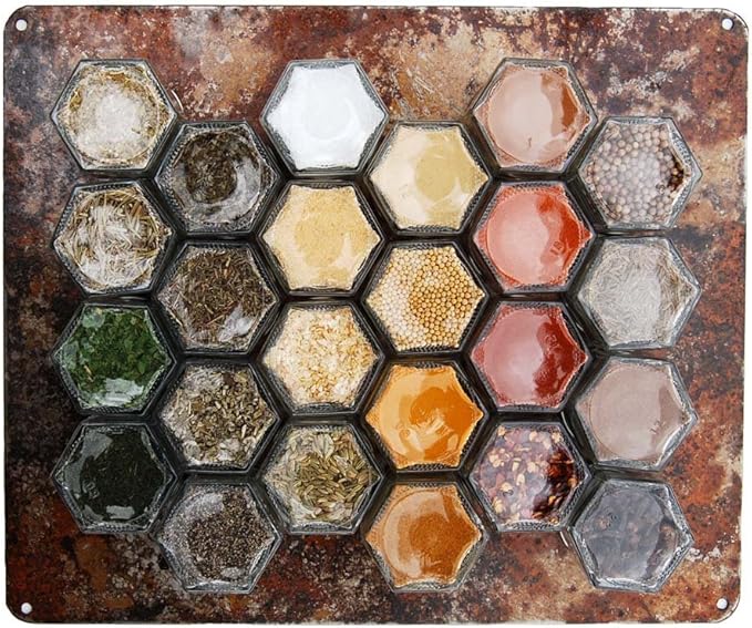 Gneiss Spice DIY Wall Hanging Magnetic Spice Rack (24 Small Jars, Silver Lids, 10x12 Rustic Plate)