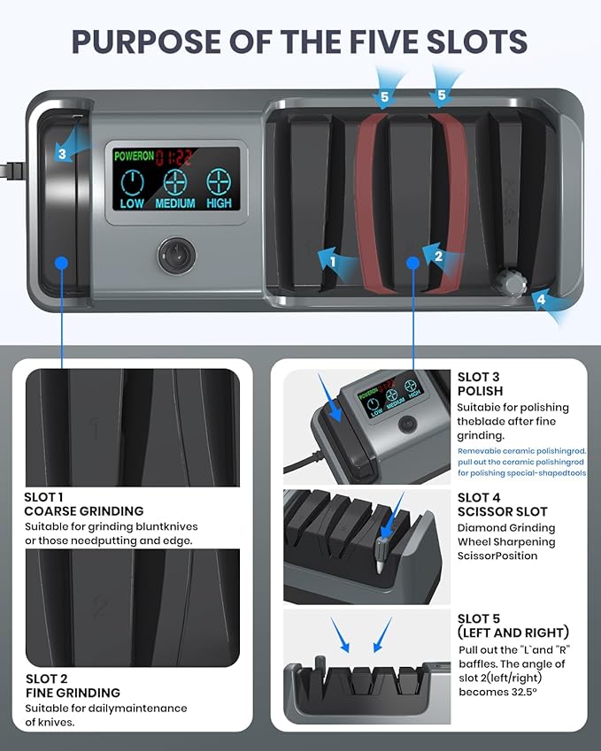 Upgrade 5 in 1 Electric Knife Sharpener with LCD Screen, 3 Rotational Speed Adjustable, 100% Diamond Abrasives, knife sharpener for Straight, Serrated, Meat Cleaver, Ceramic Knives Electric Knife