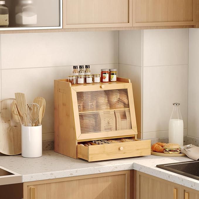 HOOBRO Bread Box, Bamboo Bread Box Storage Container with Drawer, 2-Tier Kitchen Countertop Food Storage Box with Acrylic Door, for Food, Natural YL21MB01