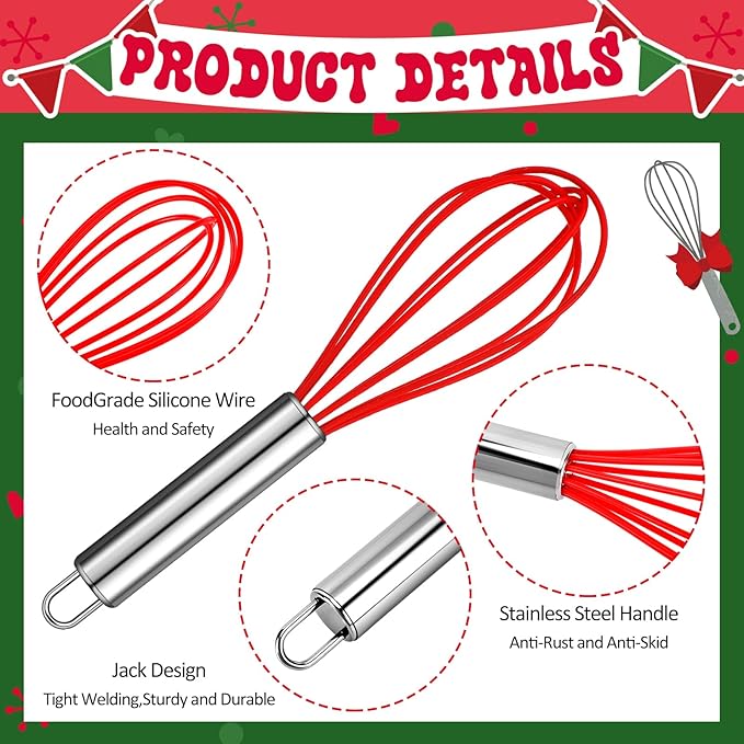 Zhehao 6 Sets 10 Inch Christmas Whisk Baking Gifts Sets Includes Stainless Steel Whisk Greeting Cards Ribbon and Plastic Bags for Neighbor Family Cooking Supplies Christmas Stocking Stuffers Ideas