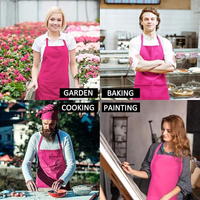 10 Pack Bib Pink Aprons Bulk for Women Girl Adult Painting BBQ Cooking Kitchen Baking with Pockets (10, Pink)