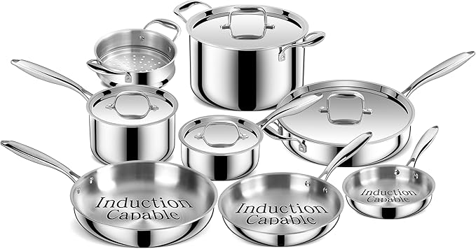 Triple Ply Stainless Steel Pots and Pans Set, EWFEN 12 Piece Induction Cookware Set, Oven Dishwasher Safe | Frying Pans, Saucepans, Saute Pan & Stock Pot, PFOA Free Kitchen Skillet