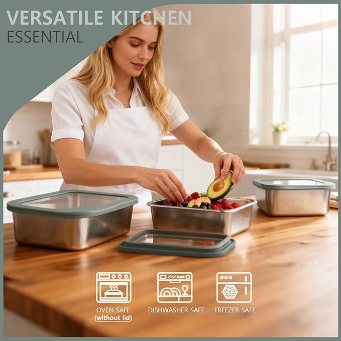 Stainless Steel Food Storage Container with Glass Lids, 3 Pack Nested Lunch Boxes, Airtight Lid Food Container for Sandwiches, Snacks, Meal Prep and Kitchen Storage