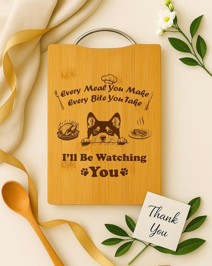 Personalized Engraved Bamboo Cutting Board, Funny Dog Gift for Dog Lovers, Handmade Kitchen Decor – I’ll Be Watching You (Shiba Inu)