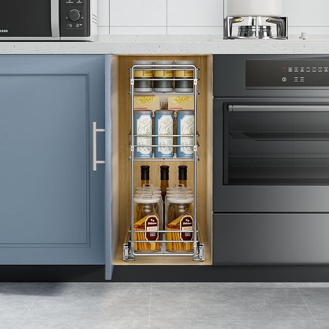 ROOMTEC Pull Out Spice Rack for Narrow Cabinet (5½" W X 20½" D),3 Tier Slide Out Cabinet Organizer and Pull Out Shelves Under Cabinet Storage for Kitchen, Chrome