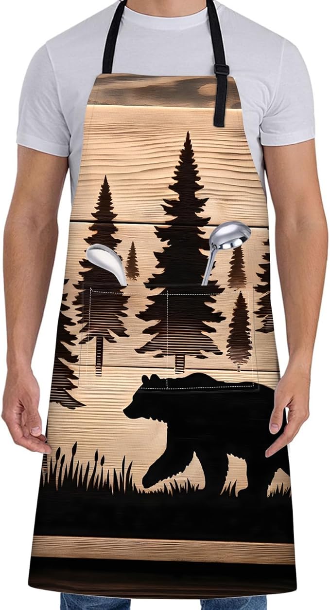Rustic Bear Apron for Women with Pine Tree,28x33in,Nature Kitchen Aprons with 2 Pockets,Oxford Fabric,Woodland Adjustable Apron for Cooking Baking Gardening Chef,Gifts for Mom Wife