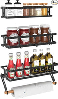 3 Pack Spice Rack Wall Mount With Paper Towel Holder and Hooks, Screw or Adhesive Hanging Spice Shelf,Space Saving Spice Organizer for Seasonings, Spice Racks for Stove,Cabinet, Pantry Black