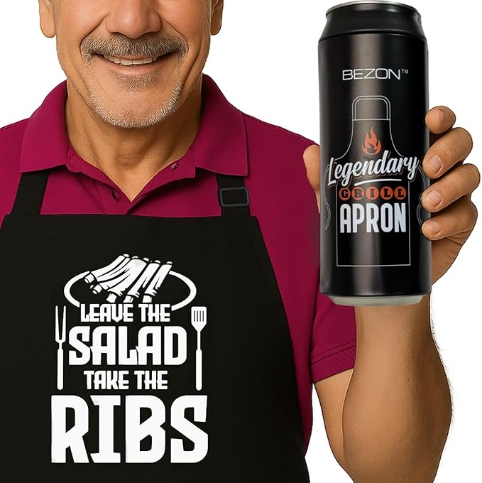 BEZON Funny Grill Apron for Men – Beer Can Gift Packaging – Hilarious BBQ Gift for Dad, Husband, or Friend – Heavy-Duty Water-Resistant Canvas – Leave the Salad, Take the Ribs!