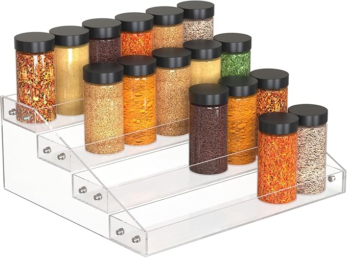 4 Tier Clear Spice Rack Organizer for Cabinet, Acrylic Display Riser Shelf Seasoning Organizer for Countertop Pantry Cupboard, Transparent Storage Holder for Kitchen Condiment Jar Spice Container