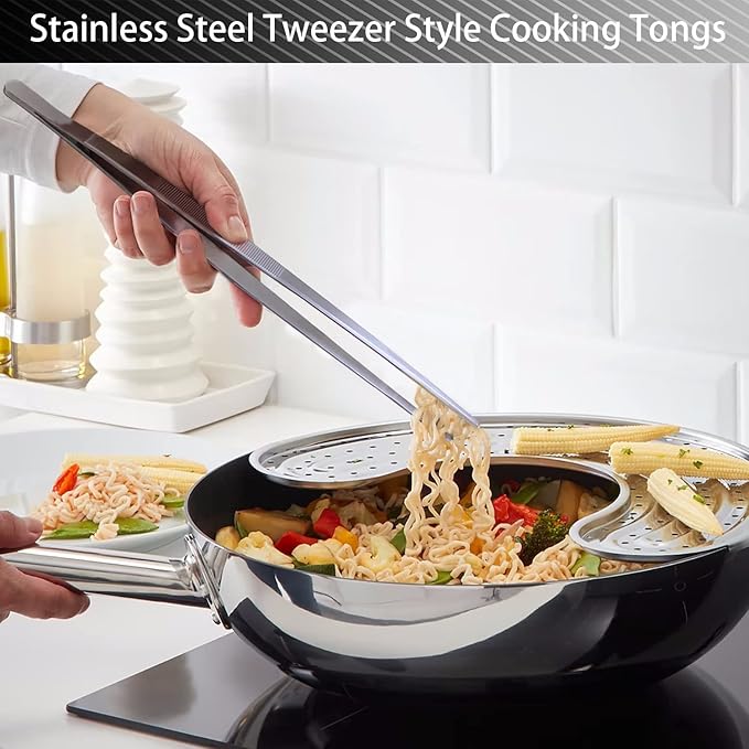 JETKONG 2 Pcs 10-Inch Cooking Tweezers Stainless Steel, Straight Food Tweezers, Professional Kitchen Forceps for Cooking Repairing and BBQ (Silver)