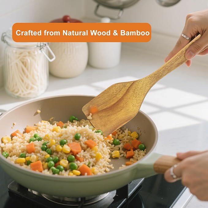 Acacia Wooden Cooking Spoons with Bamboo Cutting Board Set – 4 PCS Acacia Wood Kitchen Utensils, Spatula Spoon for Nonstick Cookware, Gift for Housewarming Wedding