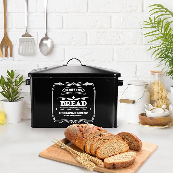 yarlung Metal Bread Box with 3 Kitchen Canisters Set, Large Black Farmhouse Bread Tin for Kitchen Countertop, Coffee Tea Sugar Canister with Airtight Lid for Pantry Organizer Home Storage