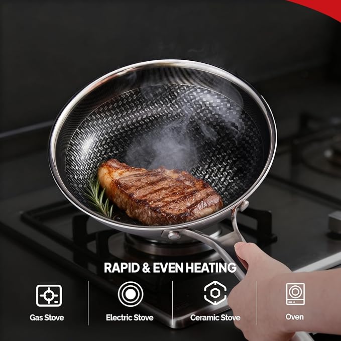 ROVSUN 10'' Non-stick Frying Pan, Tri-ply Stainless Steel Nonstick Skillet, Non-Toxic RV Kitchen Set Chef's Pan, PFOA & PTFE Free, Compatible for All Cooktops