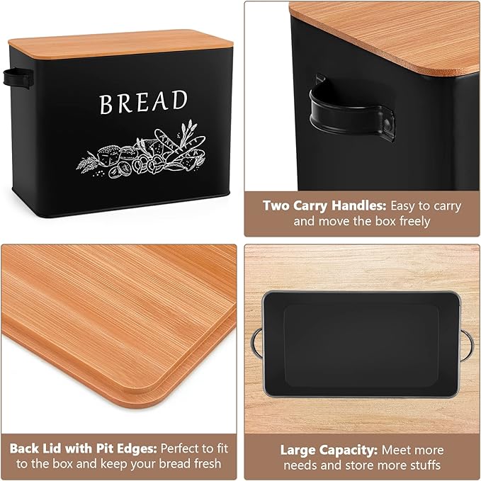P&P CHEF Bread Box for Kitchen Counter, Metal Bread Storage Bin with Wooden Cutting Lid, Large Capacity for Holding 2+ Loaves, Retro Modern Style, Size 13” x 7.2” x 9.7”, Black