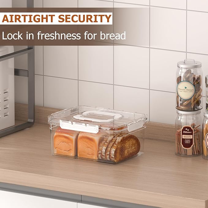 Bread Box with Slicer, Portable Airtight Bread Storage Container with Lid Handle for Kitchen Counter, Bread Keeper for Homemade Bread,Toast, Bagel, Cookies, White