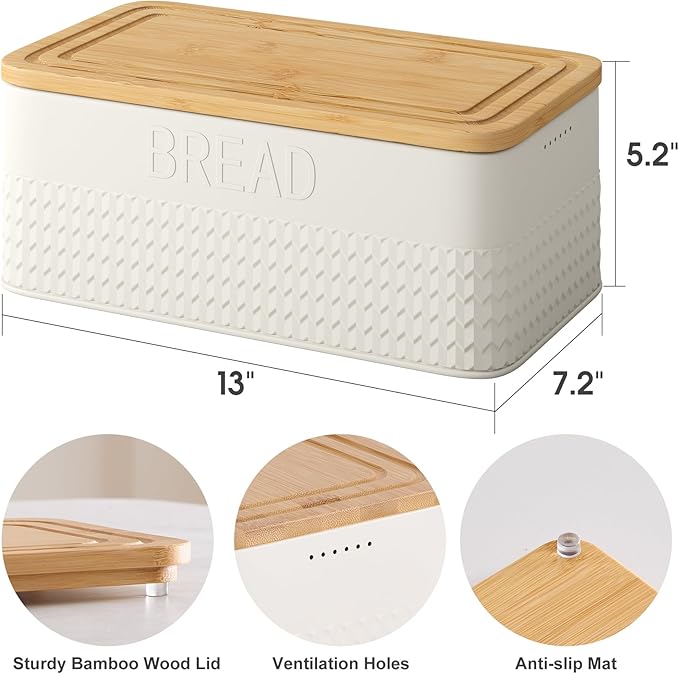 Bread Box for Kitchen Countertop, Large Bread Storage Container with Bamboo Lid, Iron Farmhouse Bread Box for Your House, White