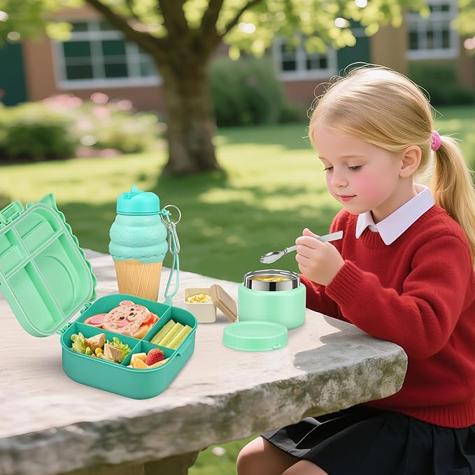 Dinosaur Lunch Box for Kids with Secret Compartment | 4 Compartments Bento Box + 12oz Insulated Food Jar | Leak-Proof Sauce Cup & Collapsible Spoon | BPA-Free, Dishwasher Safe(Green+Green Jar)