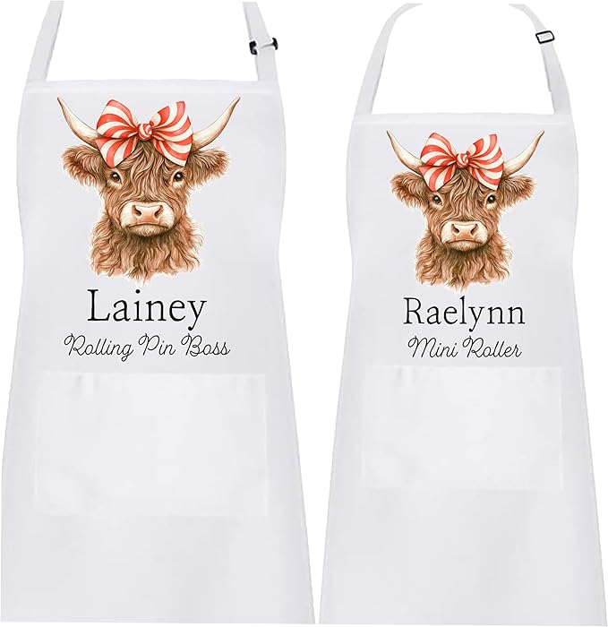 Mommy and Me Highland Cow with Peppermint Swirl Bow Apron Set – Matching Christmas Baking Aprons, Cow Kitchen Gift