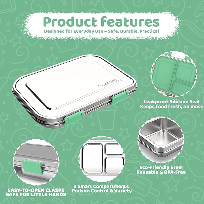 Stainless Steel Lunch Box 1000ml - 3 Compartment Bento Box for Kids & Adults, Leakproof Food Container, BPA-Free Metal Lunch Box with Silicone Seal, Eco-Friendly/Dishwasher Safe (Green)