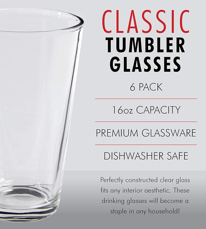 Pint Beer Glasses Set of 6 – 16 oz Tall Clear Drinking Glasses and All Purpose Tumblers – Heavy Base Cocktail, Water, Juice Glass – Pub Style Design For Home Dining, Bars, and Parties