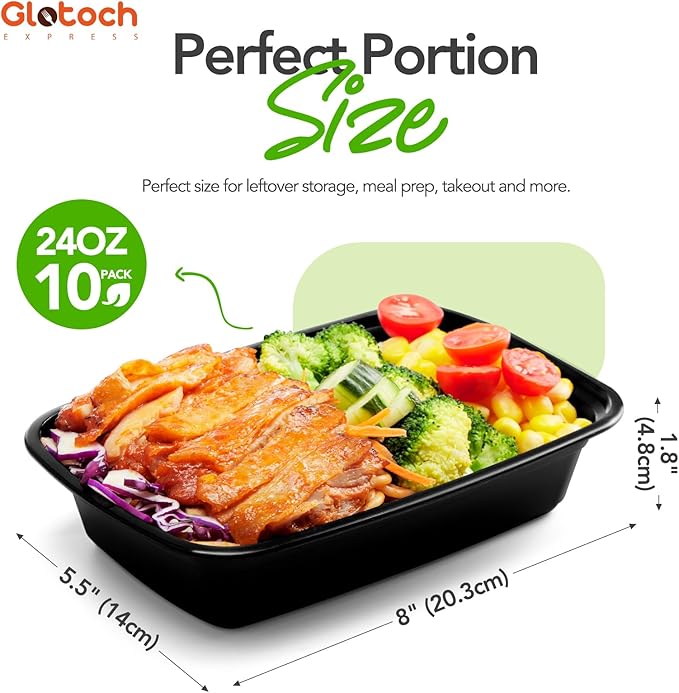Glotoch Meal Prep Containers Reusable with Lids, 24oz 10 Pack (20-Piece) Food Storage Containers Microwave,Freezer,Dishwasher Safe, Leakproof & BPA Free Durable Plastic Bento Box To Go Take Out