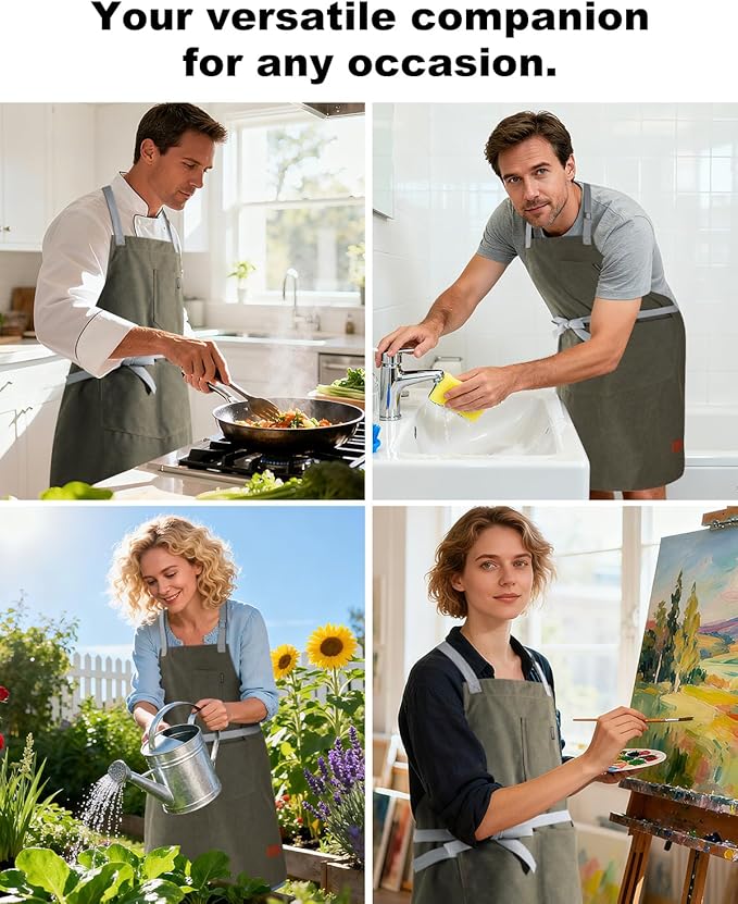 Womens Apron With Pockets Adjustable Shoulder Strap,Apron For Men 38.5" Extra-Long Straps Fit More Body Types,Chef Apron For Kitchen Garden Barbecue Woodworking