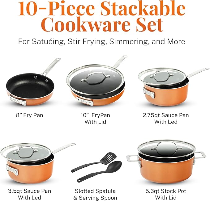 GOTHAM STEEL 10 Pc Copper Pots and Pans Set Non Stick Cookware Sets with Kitchen Utensils, Induction Ready, Non Toxic PFOA PFOS Free, Nesting Design for 50% Space Saving, Oven and Dishwasher Safe