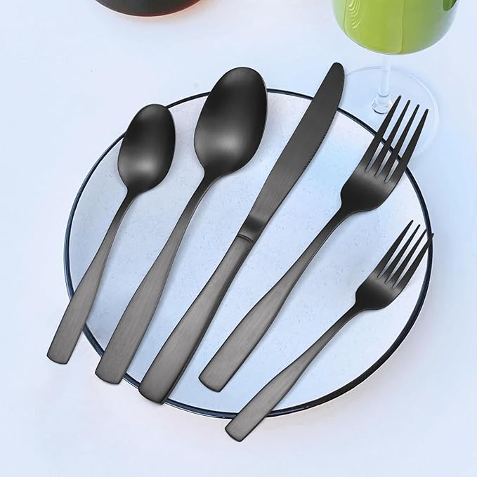 Black Matte Flatware With Square Handle Stainless Steel Cutlery Set for 6 Modern Silverware 30 pieces Knives Forks and Spoons for Home Kitchen Utensils