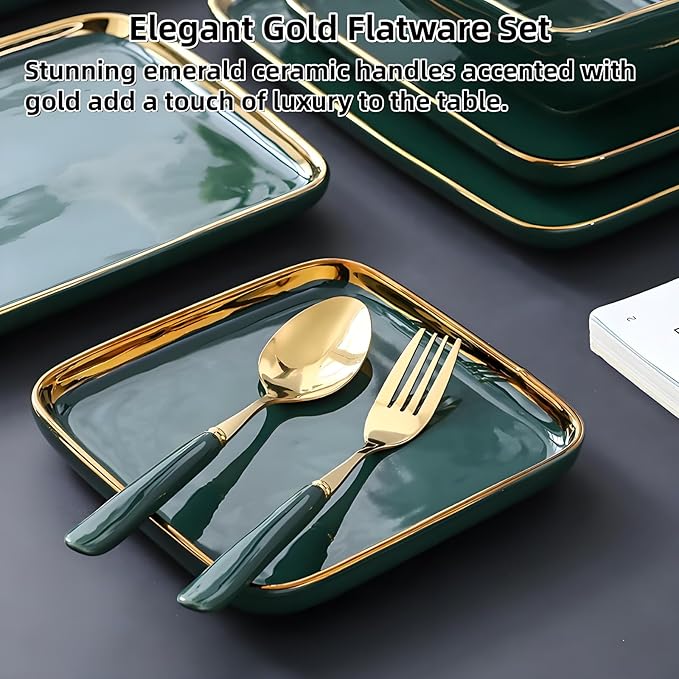 24-Piece Gold Silverware Set with Elegant Emerald Ceramic Handle,Premium Stainless Steel Flatware Set Service for 8,Mirror Polished Dishwasher Safe Luxury Cutlery Set for Home Restaurant