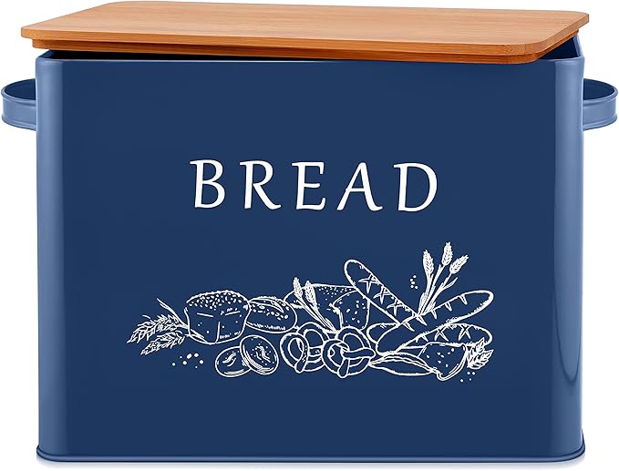 E-far Bread Box for Kitchen Countertop, Metal Bread Storage Container Bin with Bamboo Lid for Cutting Bread, Extra Large & Farmhouse Style, 13” x 7.2” x9.8”, Navy Blue