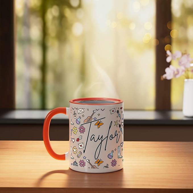 Girl Retro Taylor First Name Coffee Mug for Men Women Ceramic Mug, Orange/White