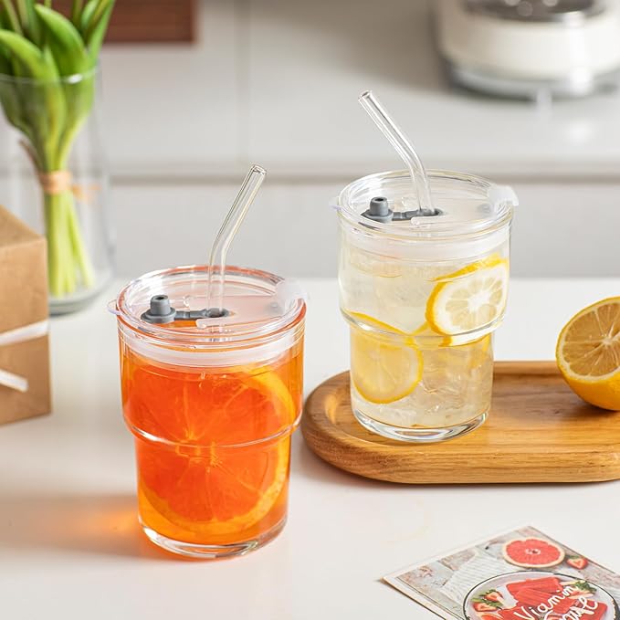 INSETLAN 13oz Portable Glass Tumblers Set of 4, Thick Wall Glass Cups with Lid and Glass Straw, On-the-Go Coffee Cups for Iced Coffee, Tea, Milk, Hot & Cold Drinks, Travel & Daily Use