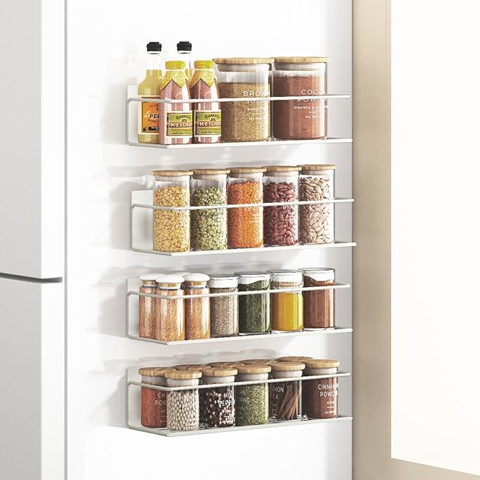 Magnetic Spice Rack for Refrigerator Magnetic Fridge Shelf for Kitchen Spice Organizer Magnetic Shelf for Fridge Space Saving White 4 Pack with Magnetic Paper Towel Holder