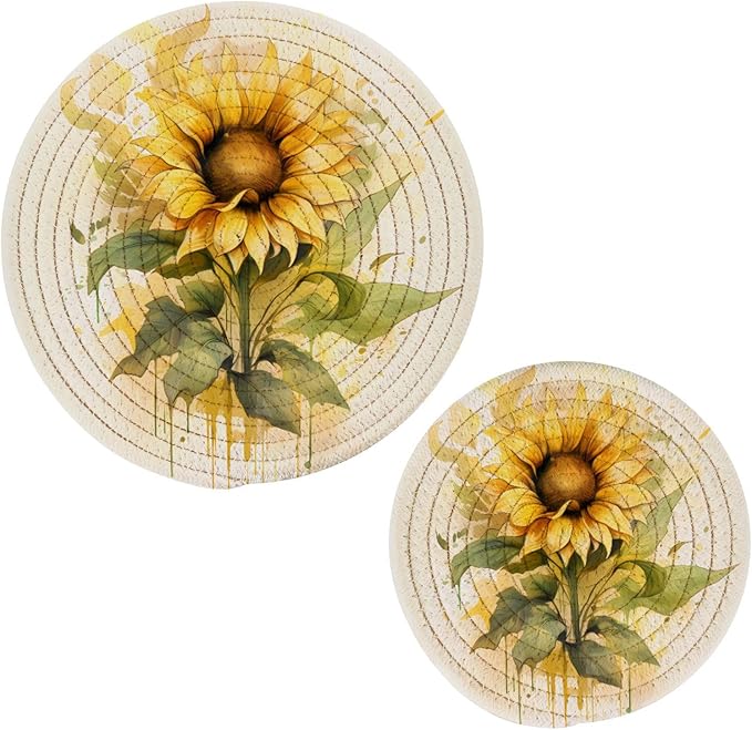 Sunflower Watercolor Kitchen Trivets Pot Holders Set of 2, Trivets for Hot Pots Dishes Woven Trivet Coaster Pad Mat for Counter