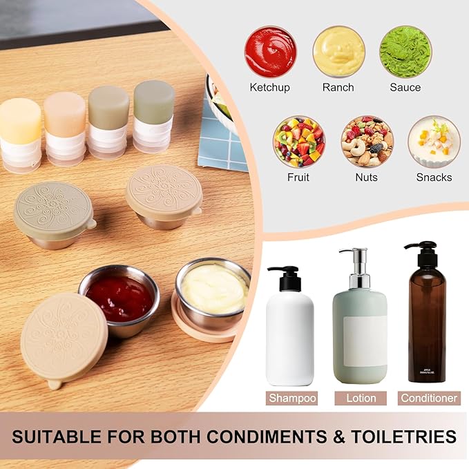 8-Pack Salad Dressing Container To Go, 1-oz Silicone Small Condiment Squeeze Bottles and 1.6 oz Stainless Steel Sauce Containers Cups, Leakproof Condiment Containers with Lids for Lunch Box