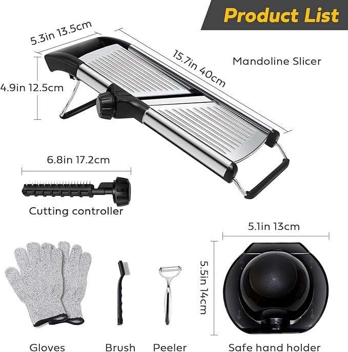 Mandoline slicer, Stainless Steel adjustable Mandoline vegetable slicer, mandoline for kitchen, Vegetable Cutter potato,onion,cucumber slicer, with paring knife, brush and cutproof gloves