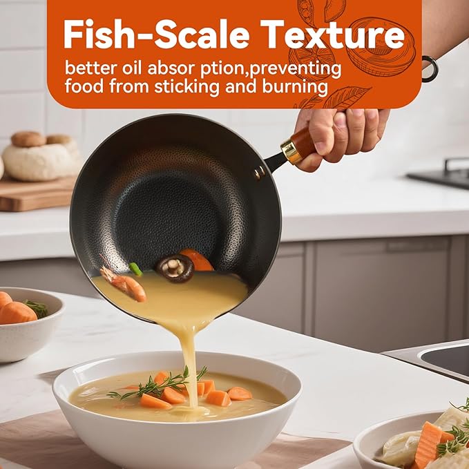 WANGYUANJI 8.6-Inch Small Iron Wok with Wooden Lid and Stainless Spatula, Deep Flat Bottom One-Person Stir Fry Pan, Coating-Free Carbon Steel Wok for Induction, Gas and Electric Stoves