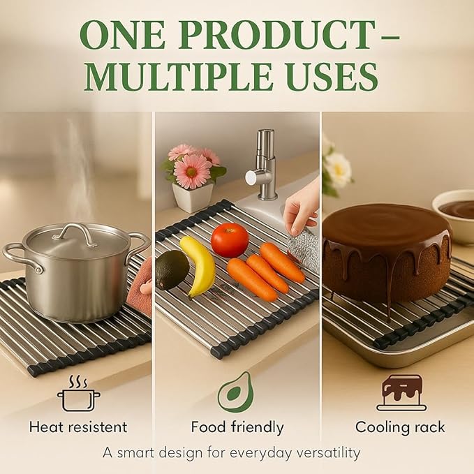 Roll Up Dish Drying Rack – Stainless Steel & Silicone Over Sink Mat, Foldable Kitchen Counter Organizer – Includes Mini Silicone Oven Mitts (Black)