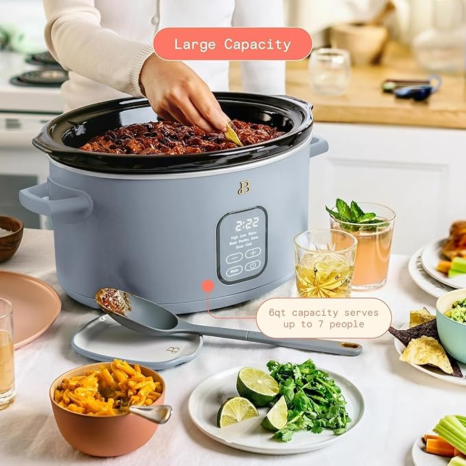 Beautiful 6 Qt Programmable Slow Cooker by Drew Barrymore - 5 Preset Cooking Functions, Digital Countdown Timer, Dishwasher-Safe Parts, and Cool-Touch Handles (Cornflower Blue)
