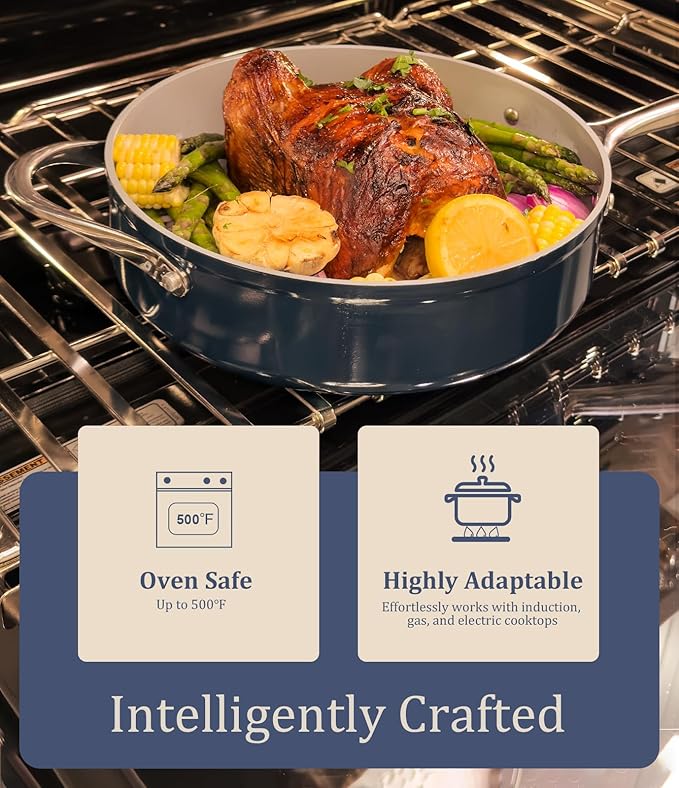 Nonstick Ceramic Frying Pan 10 Inch and Saucepan with Lid 3 qt for Induction Cooktops - Non Toxic, PTFE/PFOA/PFAS Free, Oven & Dishwasher Safe up to 500°F, Fusion Red