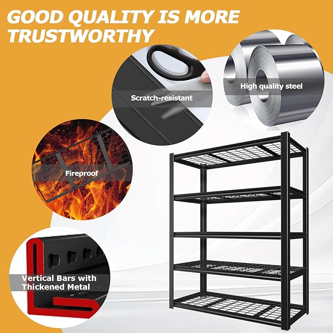 24" D x 59" W x 72" H Garage Shelving, 3000LBS Garage Shelving Heavy Duty Storage Shelves 5 Tier Metal Shelves, Adjustable Industrial Shelf for Warehouse, Basement
