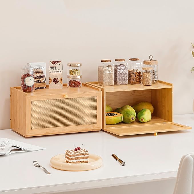 Rattan Bamboo Bread Box for Kitchen Counter Large Capacity Bread Storage Bin Farmhouse Bread Storage Container Rustic Bread Holder (Natural Bamboo)